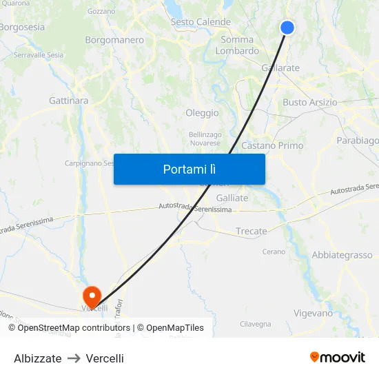 Albizzate to Vercelli map