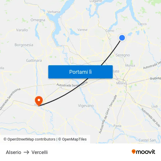 Alserio to Vercelli map