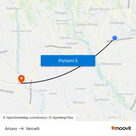 Arluno to Vercelli map