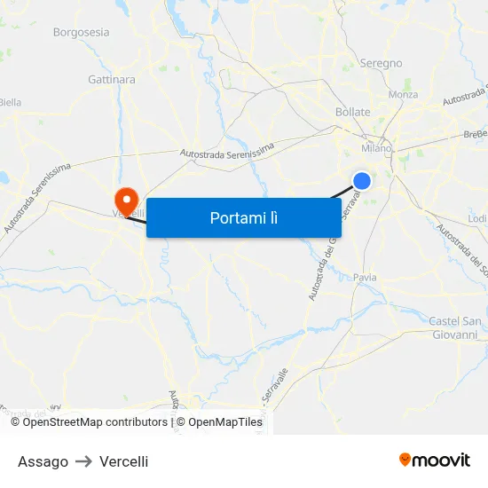 Assago to Vercelli map