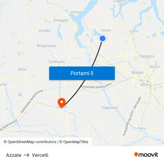 Azzate to Vercelli map