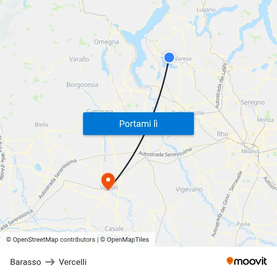 Barasso to Vercelli map