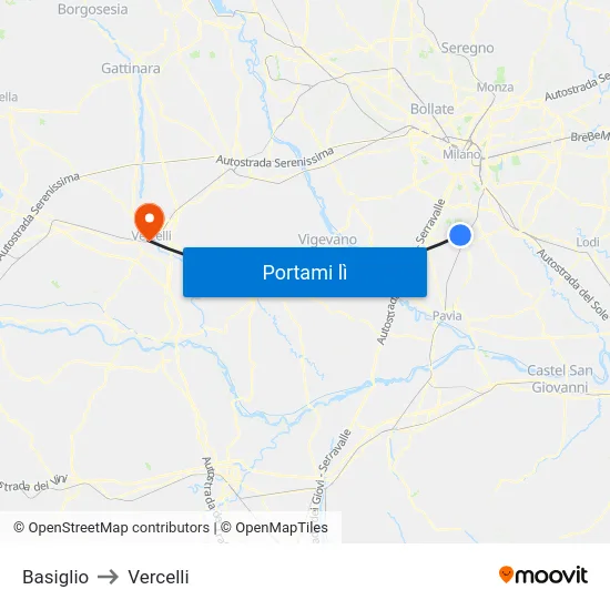 Basiglio to Vercelli map