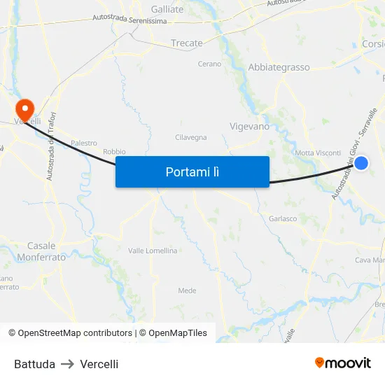 Battuda to Vercelli map