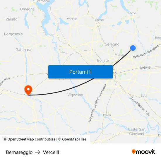 Bernareggio to Vercelli map