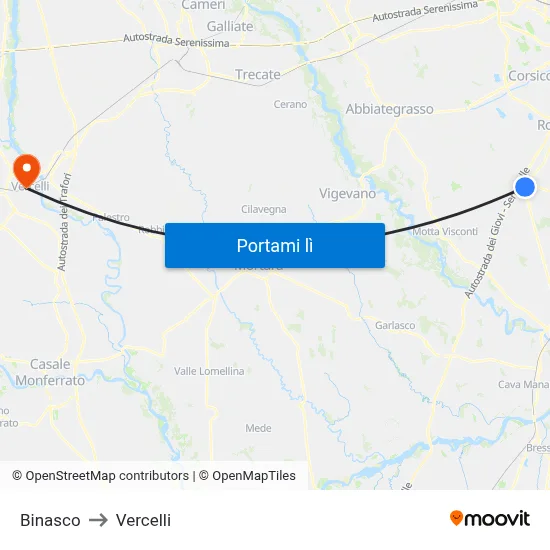 Binasco to Vercelli map