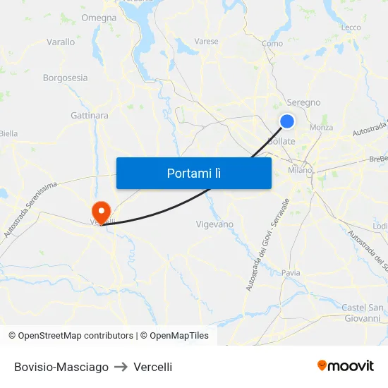 Bovisio-Masciago to Vercelli map