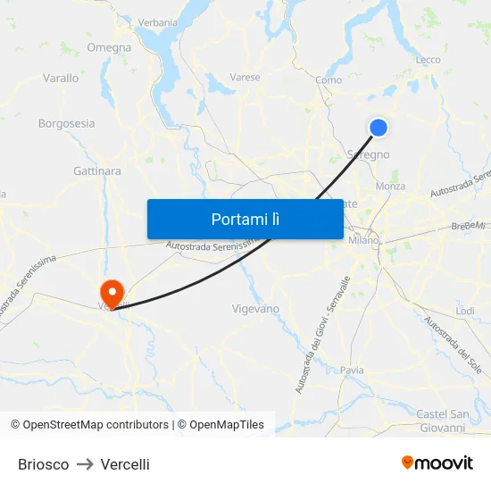 Briosco to Vercelli map