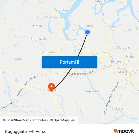 Buguggiate to Vercelli map