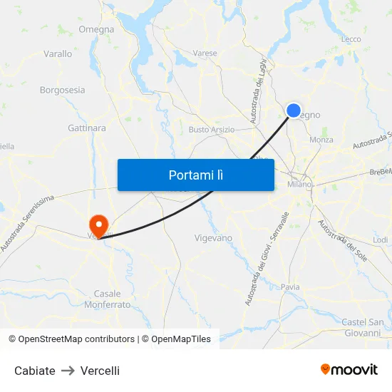 Cabiate to Vercelli map