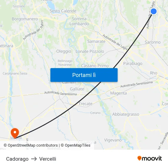 Cadorago to Vercelli map