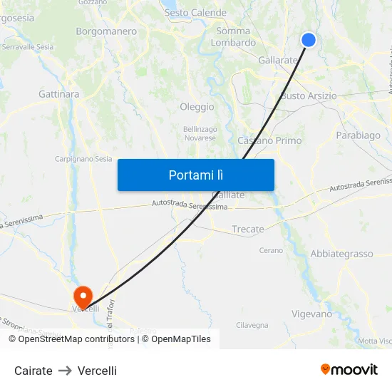 Cairate to Vercelli map
