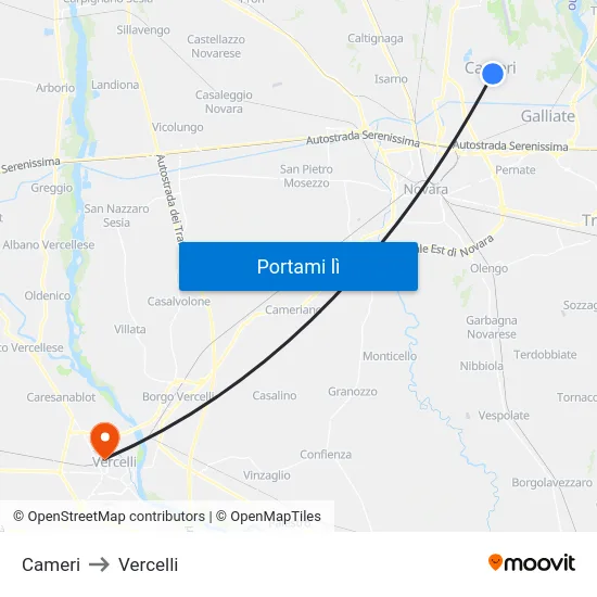 Cameri to Vercelli map