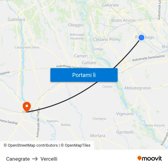 Canegrate to Vercelli map