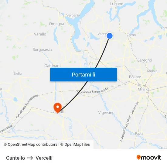 Cantello to Vercelli map