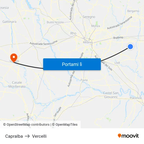 Capralba to Vercelli map