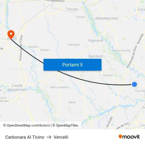 Carbonara Al Ticino to Vercelli map