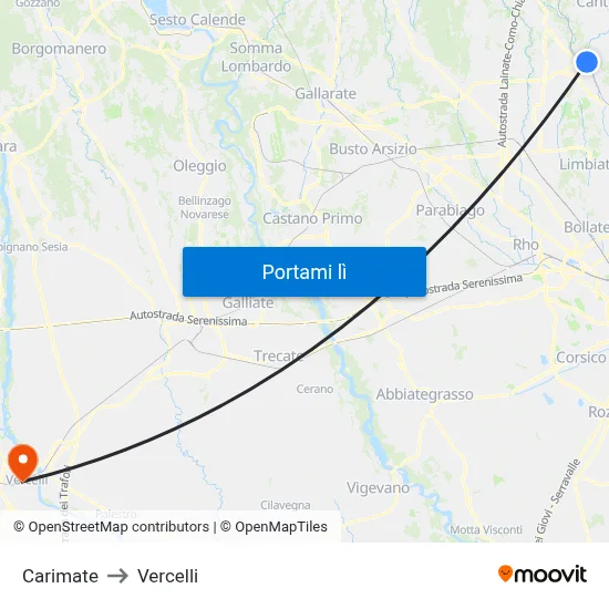 Carimate to Vercelli map
