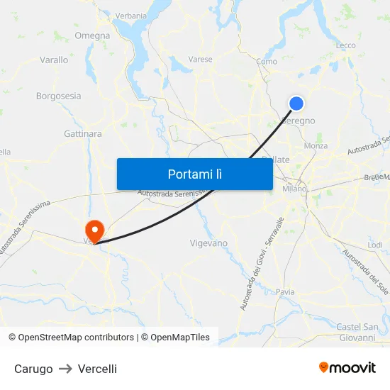 Carugo to Vercelli map