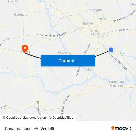 Casalmaiocco to Vercelli map