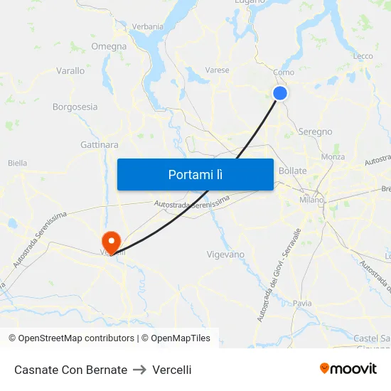 Casnate Con Bernate to Vercelli map