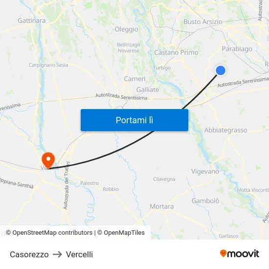 Casorezzo to Vercelli map