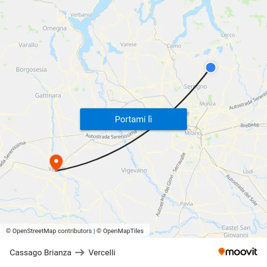 Cassago Brianza to Vercelli map