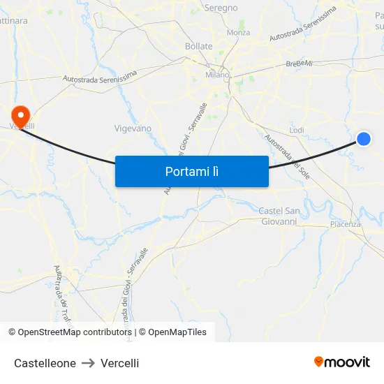 Castelleone to Vercelli map