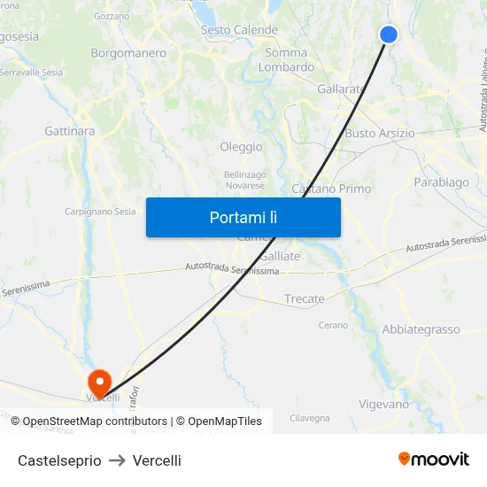 Castelseprio to Vercelli map