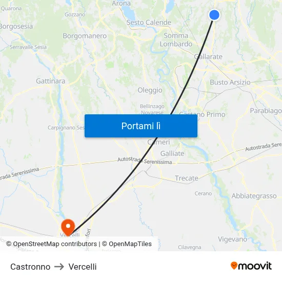 Castronno to Vercelli map