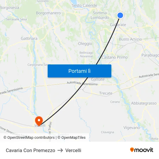 Cavaria Con Premezzo to Vercelli map