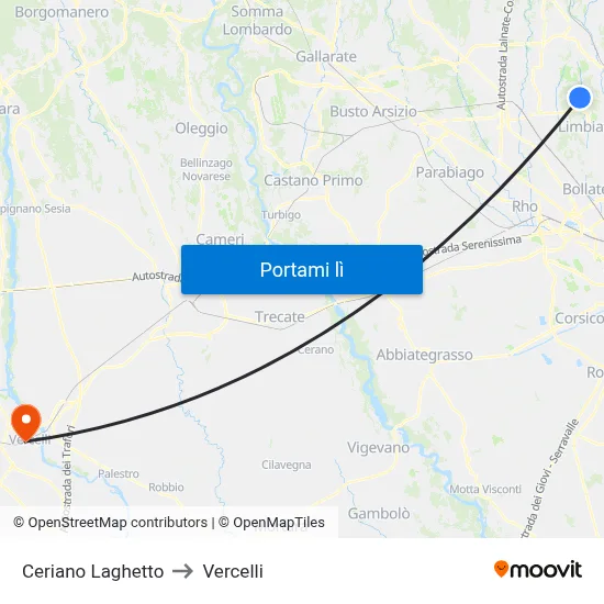 Ceriano Laghetto to Vercelli map