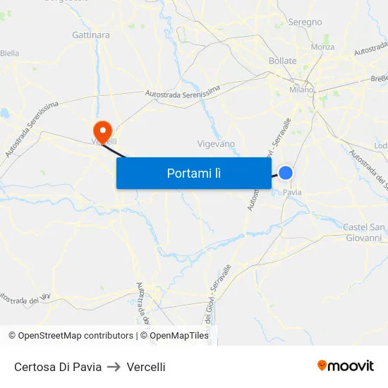 Certosa Di Pavia to Vercelli map