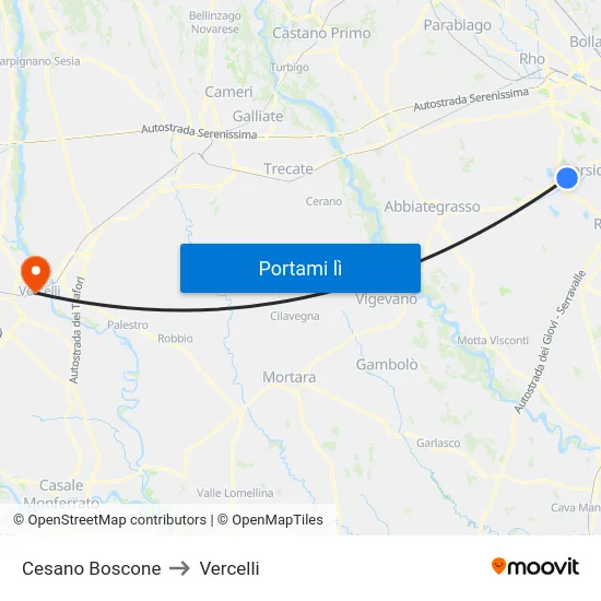 Cesano Boscone to Vercelli map