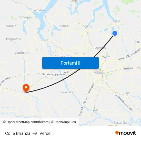 Colle Brianza to Vercelli map