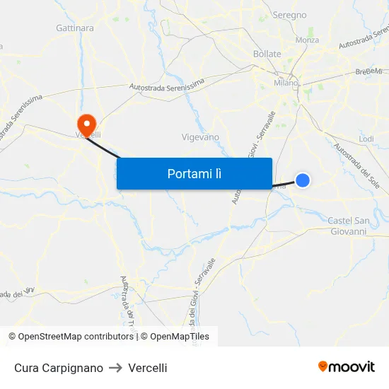 Cura Carpignano to Vercelli map