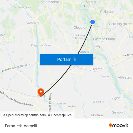 Ferno to Vercelli map