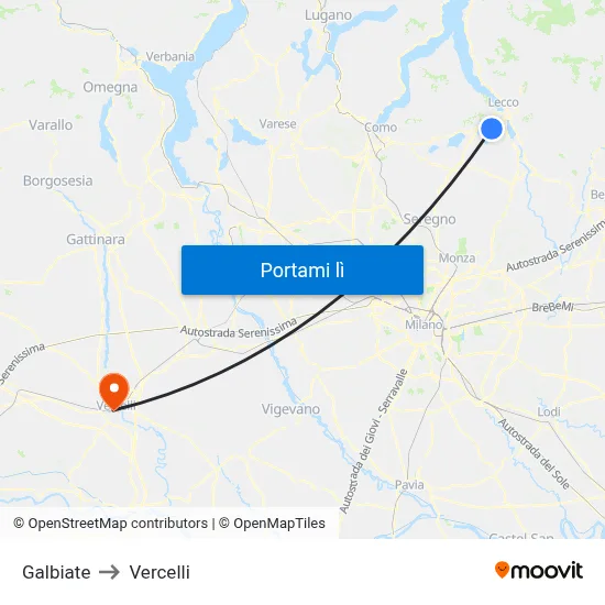 Galbiate to Vercelli map