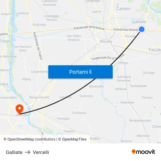Galliate to Vercelli map