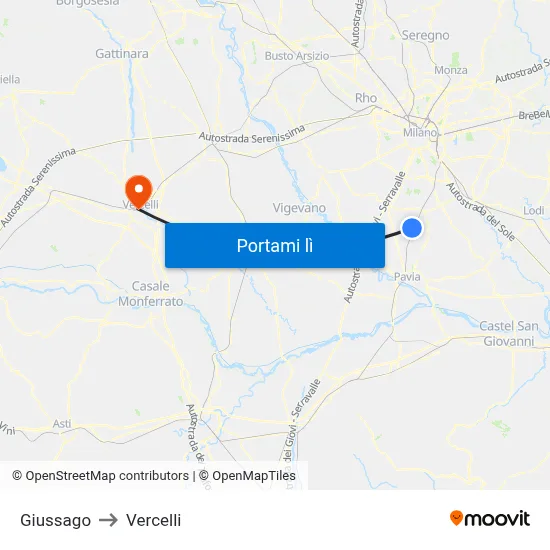 Giussago to Vercelli map