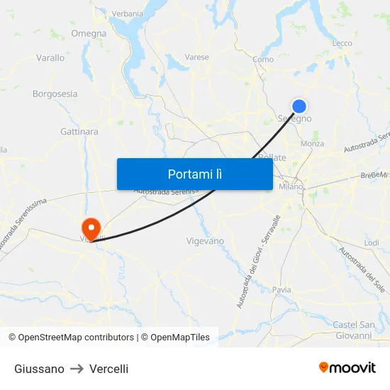 Giussano to Vercelli map