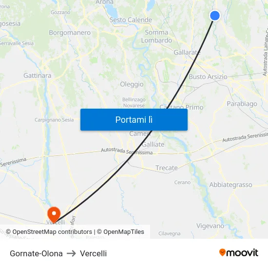 Gornate-Olona to Vercelli map