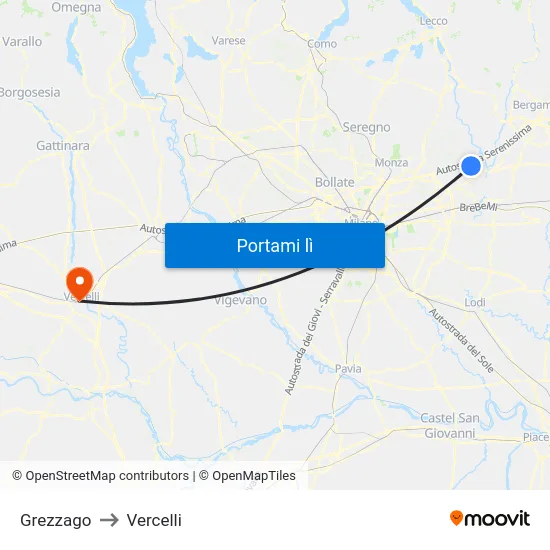 Grezzago to Vercelli map