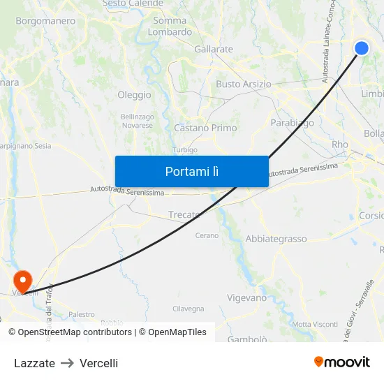 Lazzate to Vercelli map