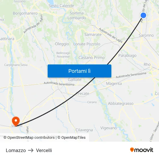 Lomazzo to Vercelli map