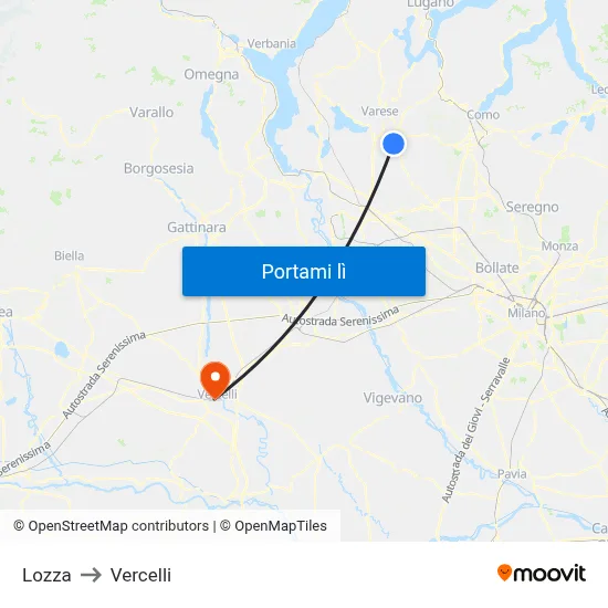 Lozza to Vercelli map