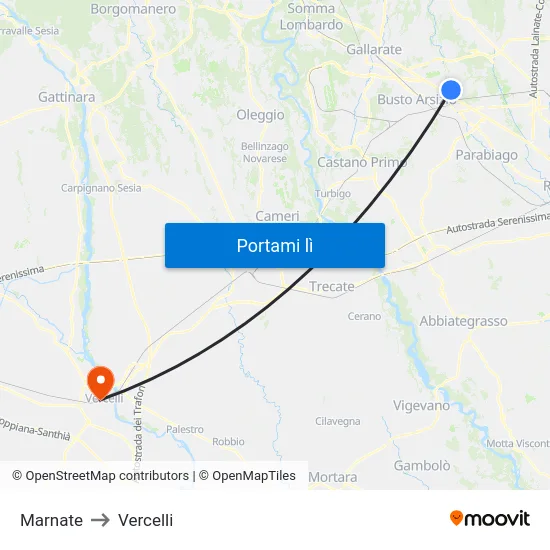 Marnate to Vercelli map