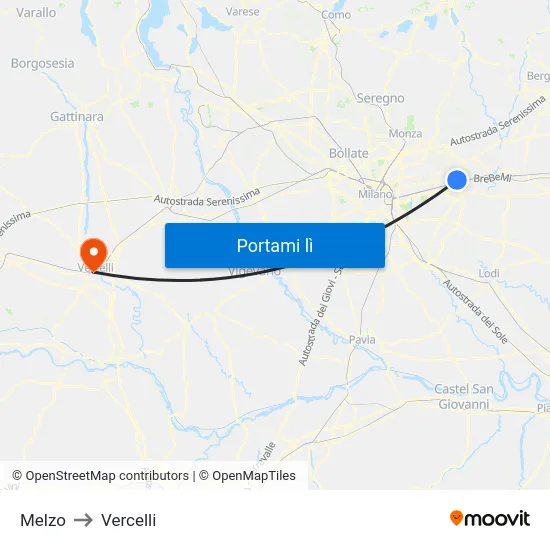 Melzo to Vercelli map