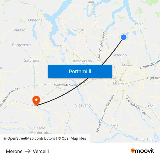 Merone to Vercelli map