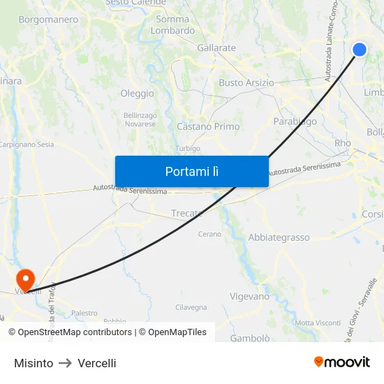 Misinto to Vercelli map